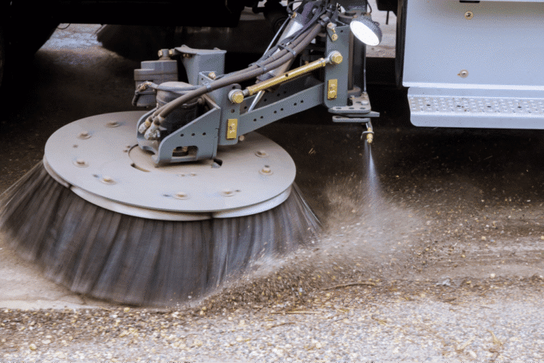 Street sweeper effectively removing dirt and debris from pavement.