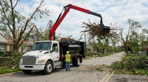 Grapple truck removing storm debris in a residential neighborhood.