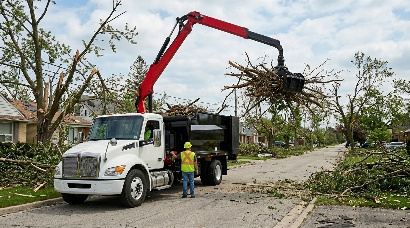 Grapple truck removing storm debris in a residential neighborhood.